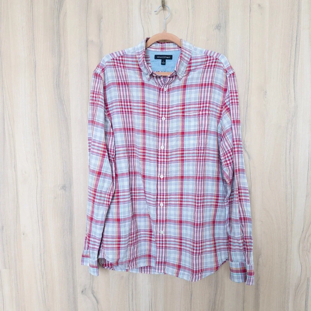 Banana Republic Mens Linen Plaid Button Down Shirt Large Red Long Sleeve Preppy